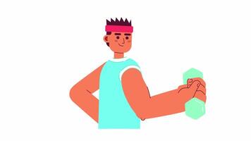 Caucasian man doing sports exercises cartoon animation. Active healthy lifestyle 4K motion graphic. Strong man lifting dumbbell 2D color animated character isolated on white background video