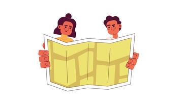 Diverse couple of tourists reading map cartoon animation. Getting lost on location 4K motion graphic. Friends seeking place on plan 2D color animated characters isolated on white background video