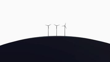 simple loop animation, black and white illustration of three wind turbines rotate on a hill video