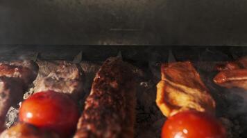 Chicken, meat and liver kebabs are fried on an open grill with charcoal video