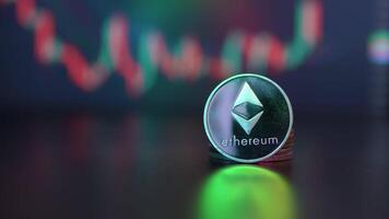 macro tiro do ethereum moedas fundo blockchain financeiro tecnologia, mineração conceito, fintech, def. ethereum. criptomoeda prata ethereum, eth video
