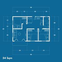 Floor plan blueprint type 54 sqm, Figure of the jotting sketch of the construction and the industrial skeleton of the structure and dimensions. eps 10 vector