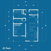 Floor plan blueprint type 63 sqm, Figure of the jotting sketch of the construction and the industrial skeleton of the structure and dimensions. eps 10 vector