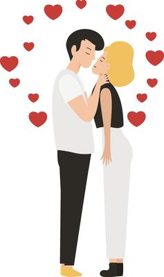 Happy love couples set. Men and women kissing, hugging, and cuddling. Diverse people in romantic relationships. Colored flat illustration of lovers and sweethearts isolated on white background