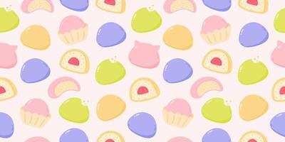 Seamless pattern with mochi of different tastes vector
