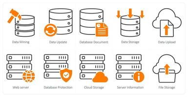 A set of 10 seo icons as data mining, data update, database document vector