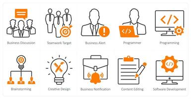 A set of 10 seo icons as business discussion, teamwork target, business alert vector