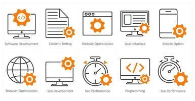 A set of 10 seo icons as software development, content setting, website optimization vector