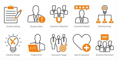 A set of 10 seo icons as content editing, business alert, customer attraction vector