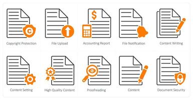 A set of 10 seo icons as copyright protection, file upload, accounting report vector
