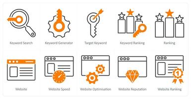 A set of 10 seo icons as keyword search, keyword generator, target keyword vector