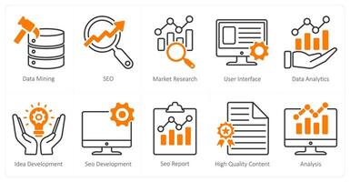 A set of 10 seo icons as data mining, seo, market research vector