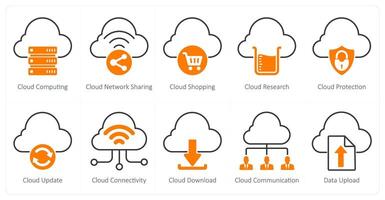 A set of 10 seo icons as cloud computing, cloud network sharing, cloud shopping vector