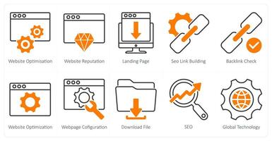 A set of 10 seo icons as website optimisation, website reputation, landing page vector