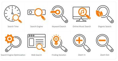 A set of 10 seo icons as search time, search engine, keyword search vector