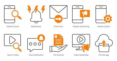 A set of 10 seo icons as mobile search, notification, email sent, mobile advertising vector