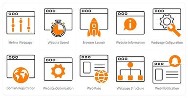 A set of 10 seo icons as refine weboage, website speed, browser launch vector
