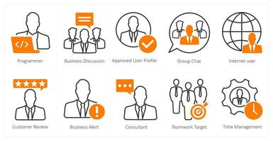 A set of 10 seo icons as programmer, business discussion, approved user profile vector