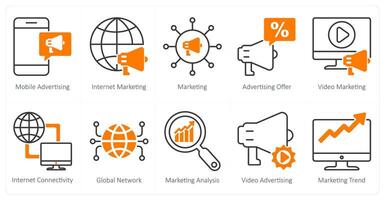 A set of 10 seo icons as mobile advertising, internet marketing, marketing vector