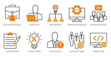 A set of 10 seo icons as business notification, programmer, brainstorming vector