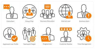 A set of 10 seo icons as consultant, group chat, business discussion vector