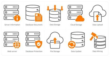 A set of 10 seo icons as server information, database document, data storage vector