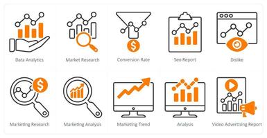 A set of 10 seo icons as data analytics, market research, conversion rate vector