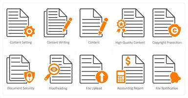 un conjunto de 10 seo íconos como contenido configuración, contenido escribiendo, contenido vector