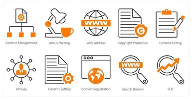 A set of 10 seo icons as content management, article writing, web address vector