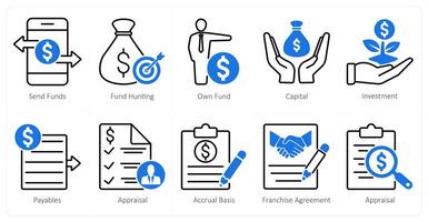 A set of 10 banking icons as send funds, fund hunting, own fund vector
