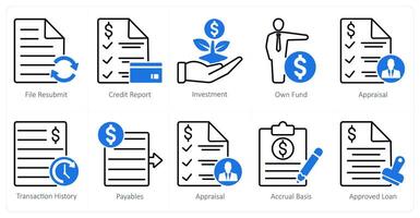 A set of 10 banking icons as file resubmit, credit report, investment vector