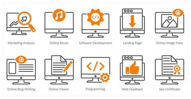 A set of 10 seo icons as marketing analysis, online music, software development vector