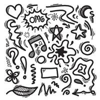 Sketch heart, emphasis, arrow shape set. Hand drawn brush stroke, highlight, speech bubble, star, sparkle element. vector