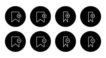 Add and remove bookmark icon set on black circle. Save and unsaved concept vector