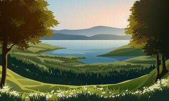 Beautiful scenery with view of lake and forest at sunrise vector