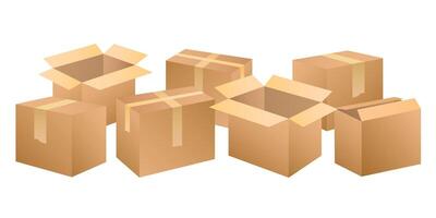 Carton boxes collection brown color illustration. Isolated object on white background. vector