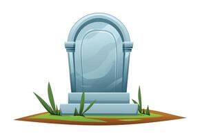 Tombstone with curved top in grassy grave. Gravestone in cemetery cartoon illustration isolated on white background. vector