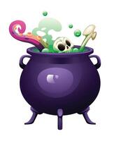 Witch cauldron with skull, bone, and tentacle in green bubbling potion. Cartoon illustration isolated on white background vector