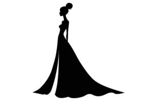 Bride Silhouette with veil and bridal bouquet, A woman bride in a bridal wedding dress, Beautiful woman bride silhouette vector