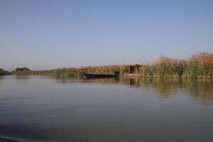 canoe in the chibayish marshes with grass and water in iraq photo