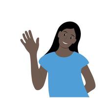 Portrait of a African American girl who raised her hand in greeting, isolate on white, simple illustration, flat style, minimalism vector