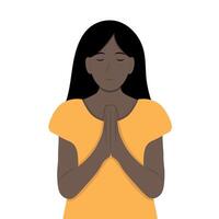 Portrait of a African American girl with folded hands in prayer, isolate on white, simple illustration, flat style, minimalism vector