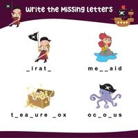 Printable activity sheet for kids. Writing missing letters worksheet. Learning to write activity vector
