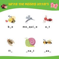 Printable activity sheet for kids. Writing missing letters worksheet. Learning to write activity vector