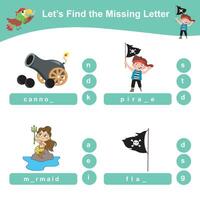 Printable activity sheet for kids. Writing missing letters worksheet. Learning to write activity vector