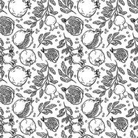 Pomegranate fruits, burst pomegranates and branches with leaves. botanical black and white pattern on a white background. For packaging design for products and cosmetics, textiles, wallpaper vector