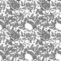 Pattern of pomegranate fruits, bursting pomegranates and branches with leaves. graphic pattern on a white background. For packaging design for products and cosmetics, textiles, wallpaper vector