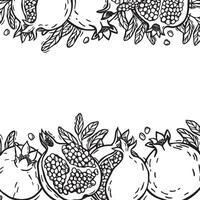 Frame with pomegranate fruits and branches with leaves. botanical black and white frame in linocut style. There is space for text. For food and cosmetics packaging design, menu vector
