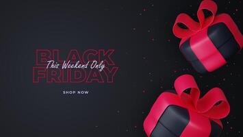 Black Friday Super Sale. Black gift box with red ribbon. Dark background with red text letters. Horizontal banner, poster or website header. vector