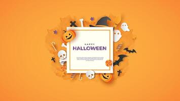 Halloween card with square frame and flat holiday icons on orange background. Place it for your text. vector